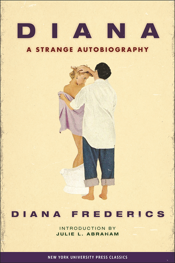 A naked woman holds her hair up. Her body is covered by a butch woman holding a towel.