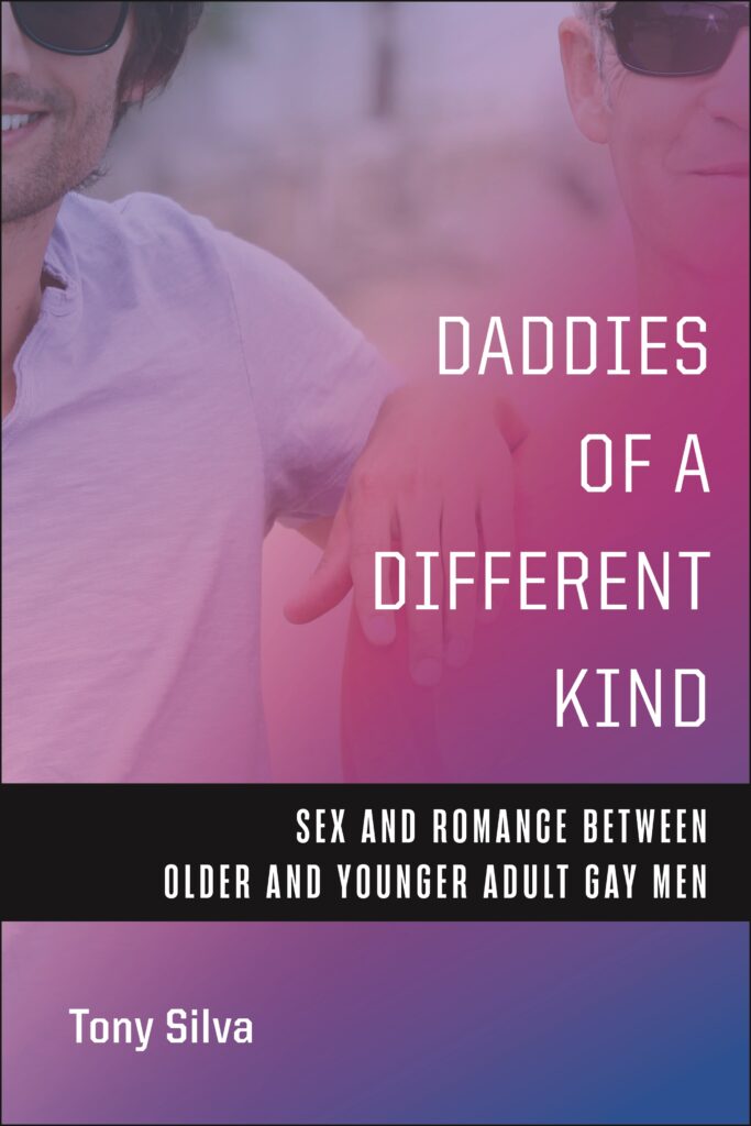 A book cover with two men, one in his 30s, the other in his 50s, slightly blurry behind a pink and blue haze of color. The title "Daddies of a Different Kind" is overlaid in white type.